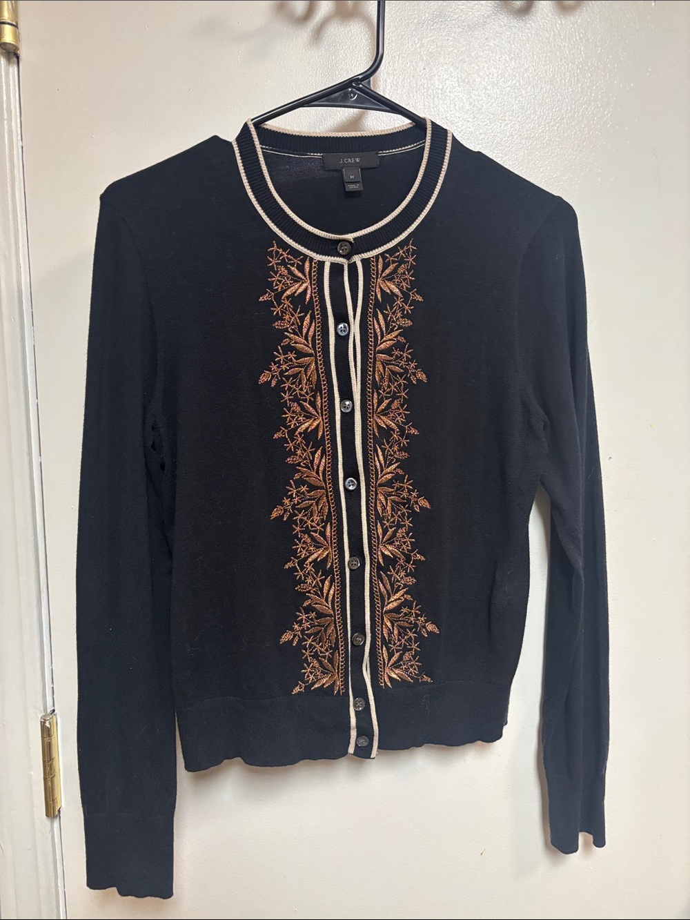 J. Crew Black Cardigan with Rust Floral Embroidery